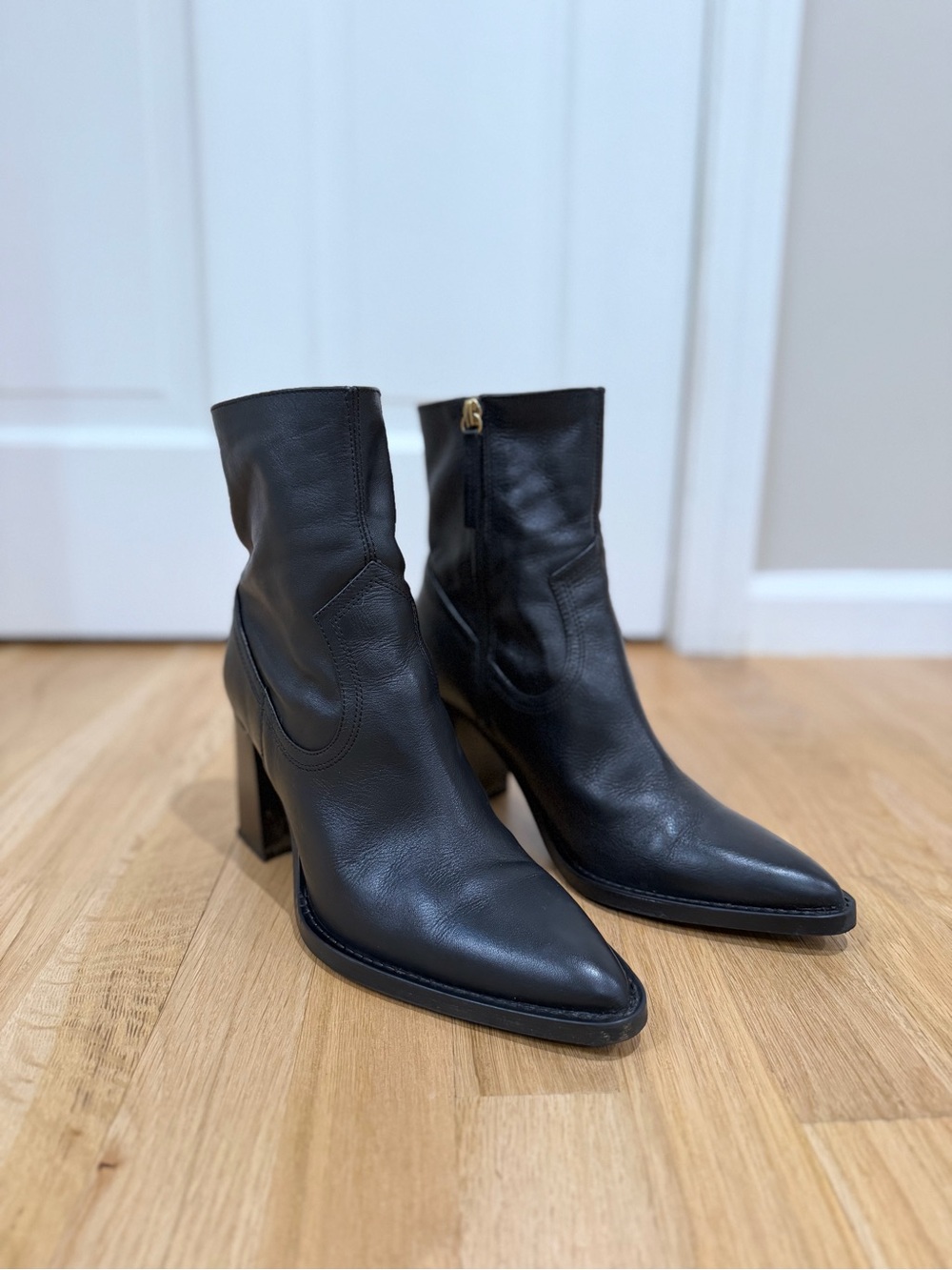 Mango Black Pointed Toe Leather Ankle Booties